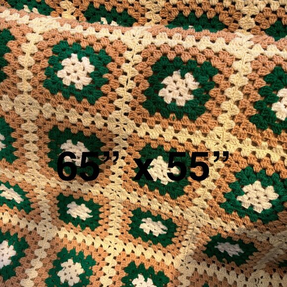 Vintage Granny Square Crochet Throw Blanket Green Beige Afghan Lap Sofa Blanket - Picture 8 of 8